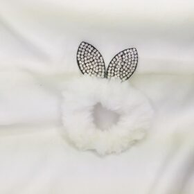 Taşlı Tavşan Kulaklı Beyaz Pompom Peluş Lastik Toka