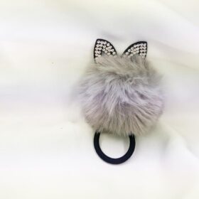 Taşlı Tavşan Kulaklı Gri Pompom Peluş Lastik Toka