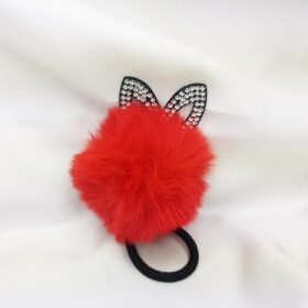 Taşlı Tavşan Kulaklı Kırmızı Pompom Peluş Lastik Toka