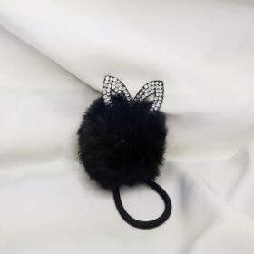 Taşlı Tavşan Kulaklı Siyah Pompom Peluş Lastik Toka